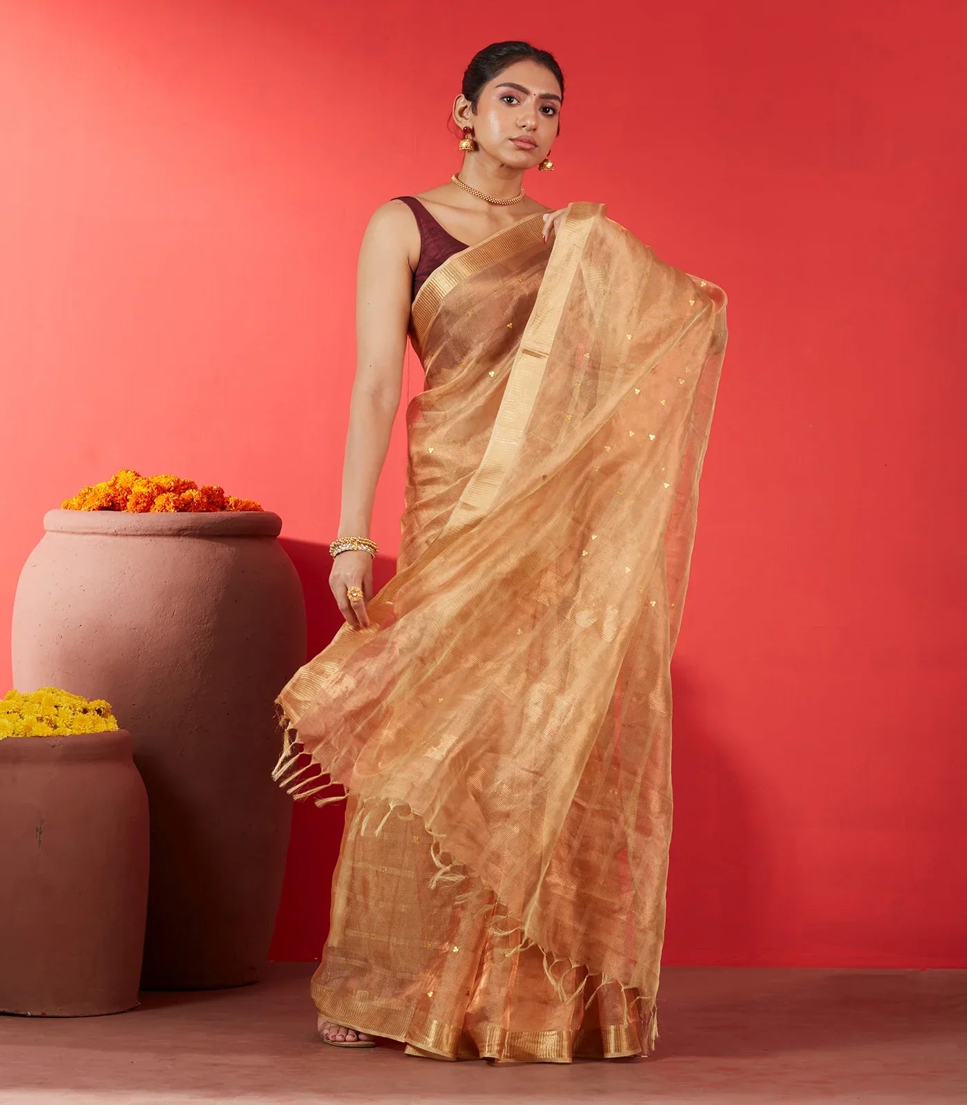 Gold Blended Tussar Tissue Saree With Buttas-Gold