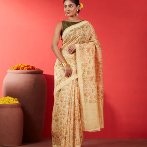 Light Yellow Handwoven Linen Saree Printed With Elephant Motifs