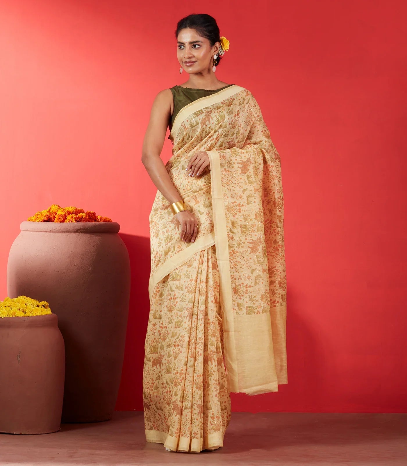 Light Yellow Handwoven Linen Saree Printed With Elephant Motifs