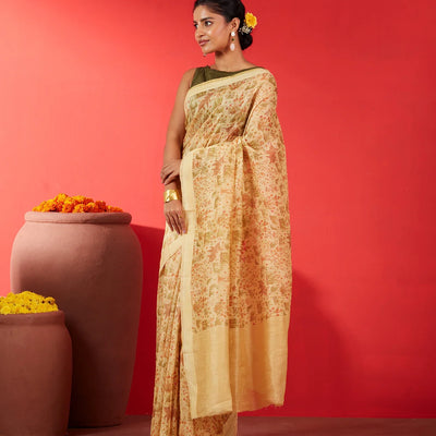 Light Yellow Handwoven Linen Saree Printed With Elephant Motifs