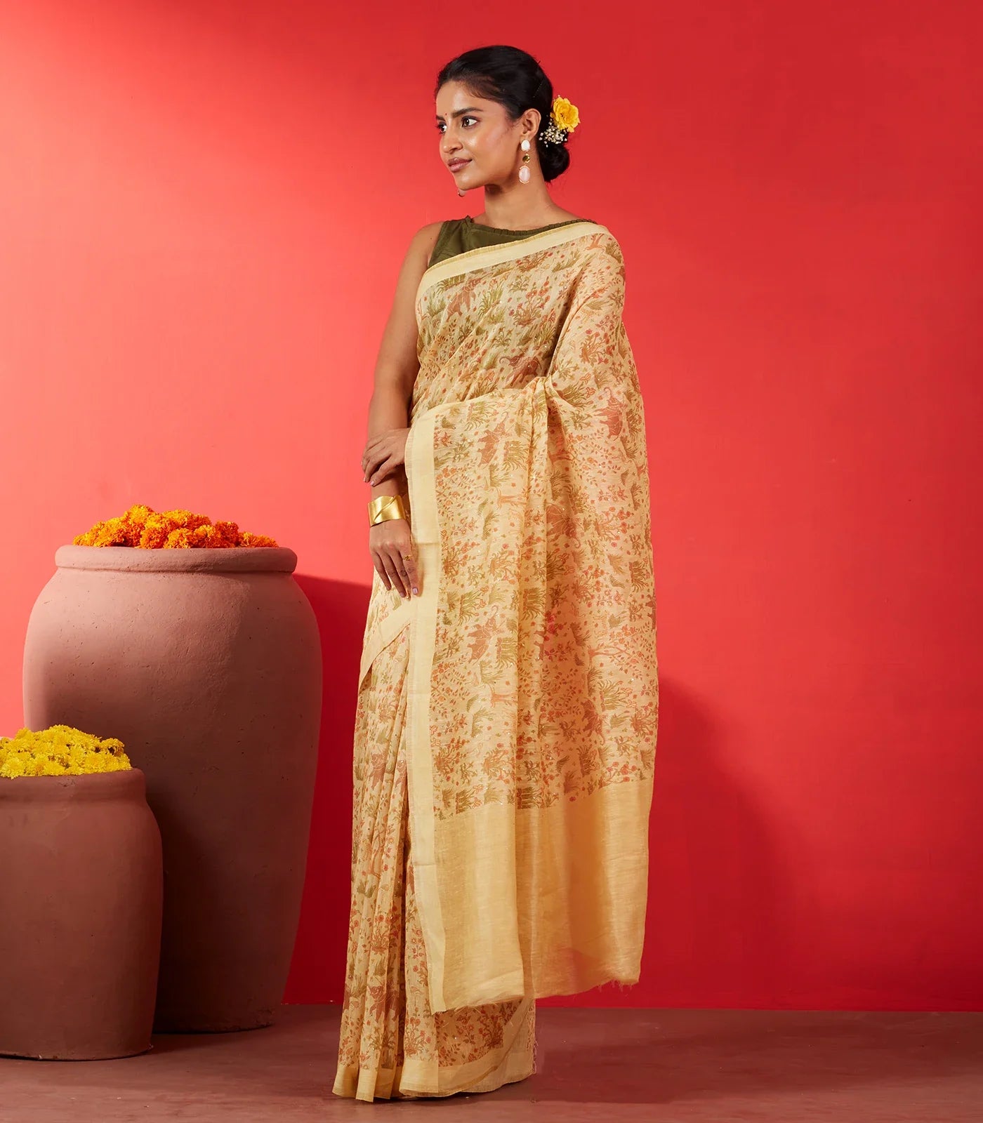 Light Yellow Handwoven Linen Saree Printed With Elephant Motifs