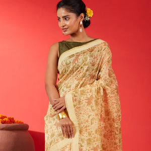 Light Yellow Handwoven Linen Saree Printed With Elephant Motifs