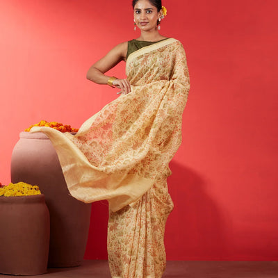 Light Yellow Handwoven Linen Saree Printed With Elephant Motifs