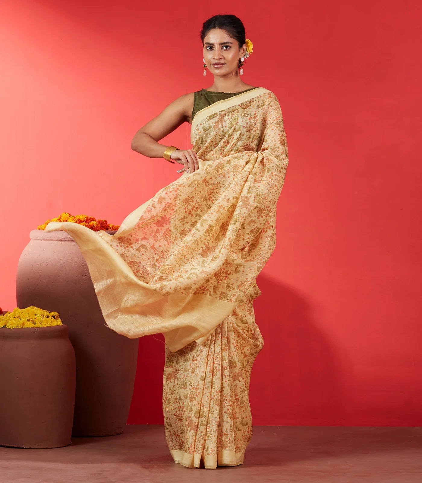 Light Yellow Handwoven Linen Saree Printed With Elephant Motifs