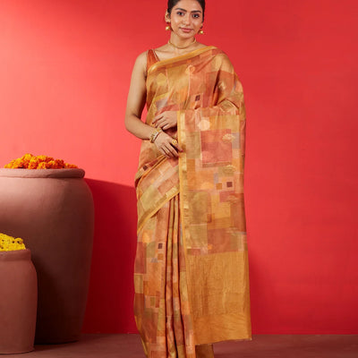 Beige Handloom Tussar Silk Saree Printed With Multi Colour Checks