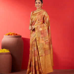 Beige Handloom Tussar Silk Saree Printed With Multi Colour Checks