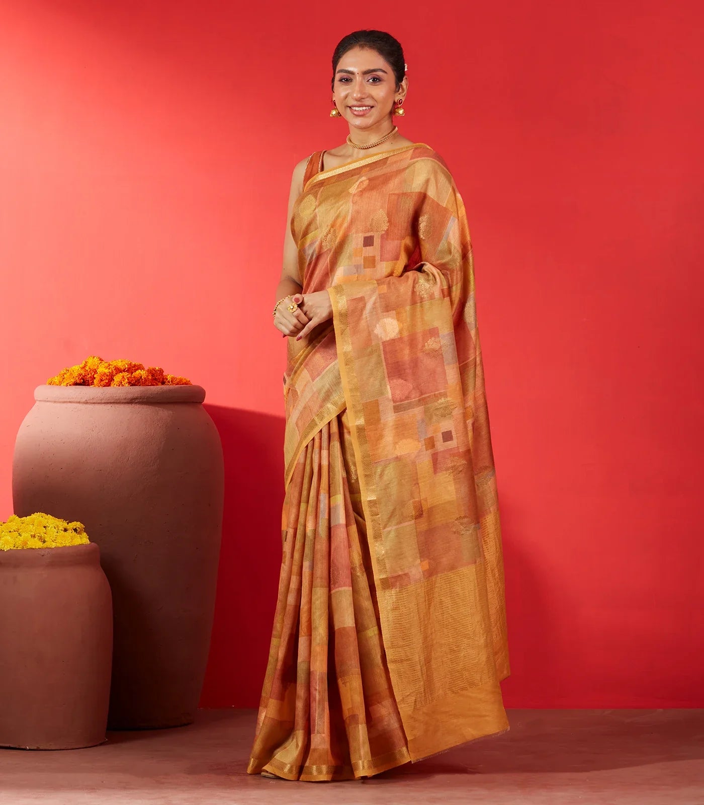 Beige Handloom Tussar Silk Saree Printed With Multi Colour Checks