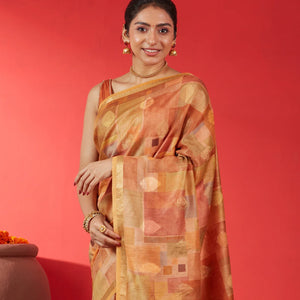 Beige Handloom Tussar Silk Saree Printed With Multi Colour Checks