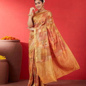 Beige Handloom Tussar Silk Saree Printed With Multi Colour Checks
