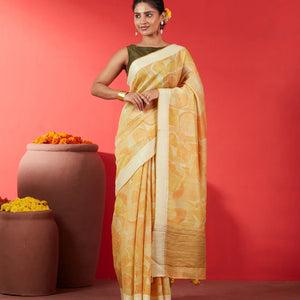 Yellow Handloom Tussar Silk Saree Printed With Geometric Motifs