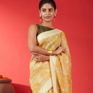 Yellow Handloom Tussar Silk Saree Printed With Geometric Motifs