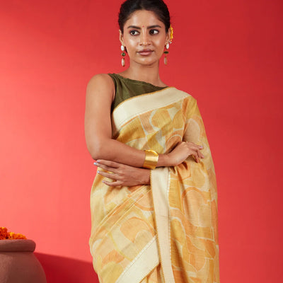 Yellow Handloom Tussar Silk Saree Printed With Geometric Motifs