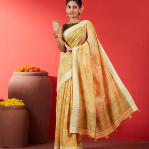 Yellow Handloom Tussar Silk Saree Printed With Geometric Motifs