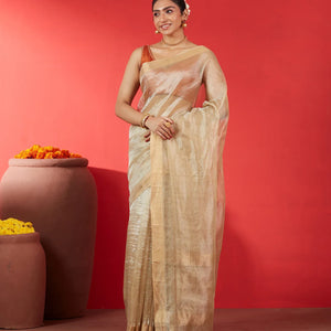 Taupe Blended Tussar Tissue Saree With Zari Border-Taupe