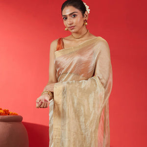 Taupe Blended Tussar Tissue Saree With Zari Border-Taupe