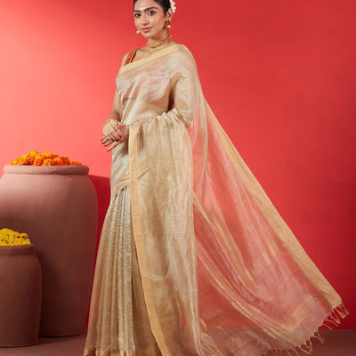 Taupe Blended Tussar Tissue Saree With Zari Border-Taupe