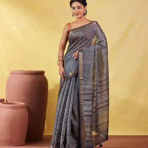 Dark Grey Handloom Tussar Silk Saree Printed With Triangle Motifs