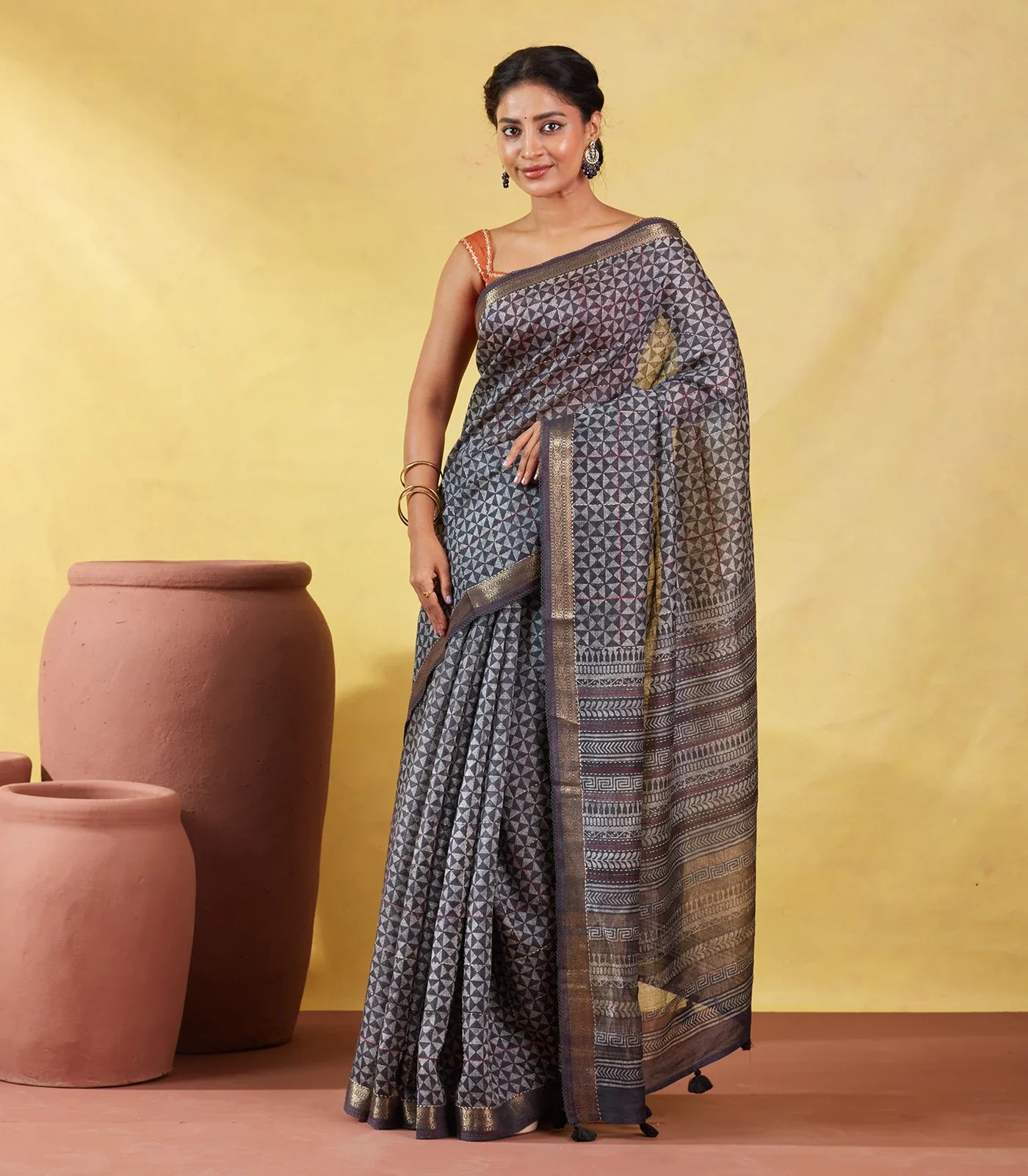 Dark Grey Handloom Tussar Silk Saree Printed With Triangle Motifs