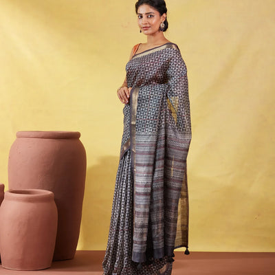 Dark Grey Handloom Tussar Silk Saree Printed With Triangle Motifs