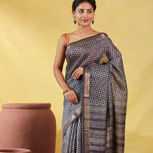 Dark Grey Handloom Tussar Silk Saree Printed With Triangle Motifs