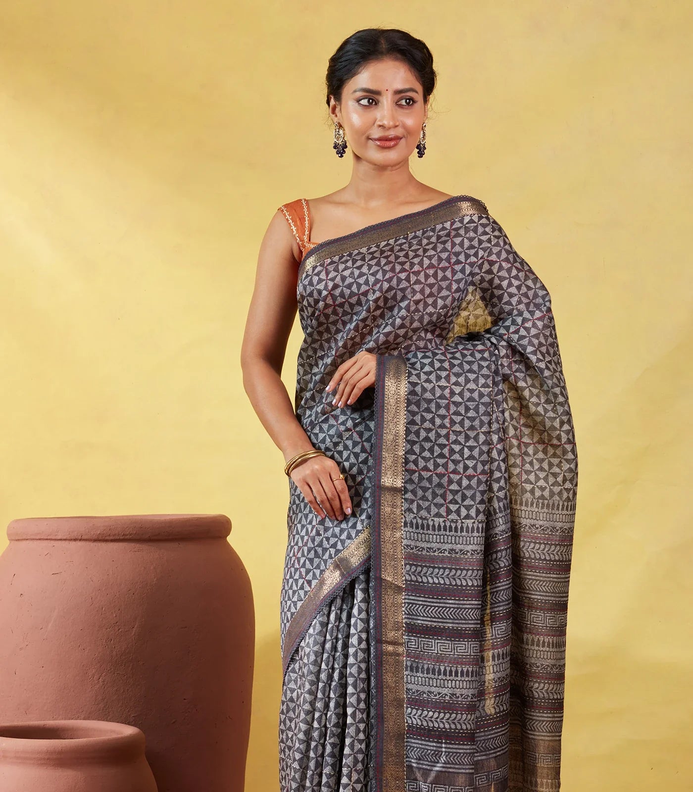 Dark Grey Handloom Tussar Silk Saree Printed With Triangle Motifs