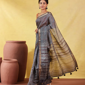 Dark Grey Handloom Tussar Silk Saree Printed With Triangle Motifs