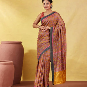 Mustard Handloom Tussar Silk Saree Printed With Flower Motifs