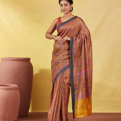 Mustard Handloom Tussar Silk Saree Printed With Flower Motifs