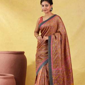 Mustard Handloom Tussar Silk Saree Printed With Flower Motifs