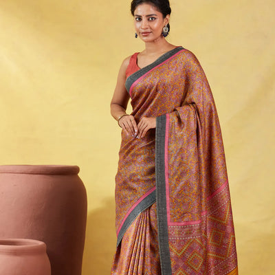 Mustard Handloom Tussar Silk Saree Printed With Flower Motifs