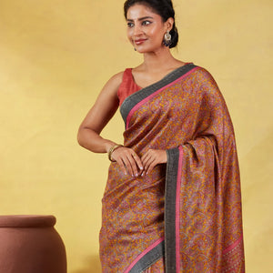 Mustard Handloom Tussar Silk Saree Printed With Flower Motifs