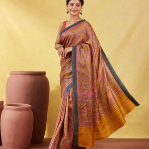 Mustard Handloom Tussar Silk Saree Printed With Flower Motifs