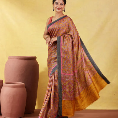 Mustard Handloom Tussar Silk Saree Printed With Flower Motifs
