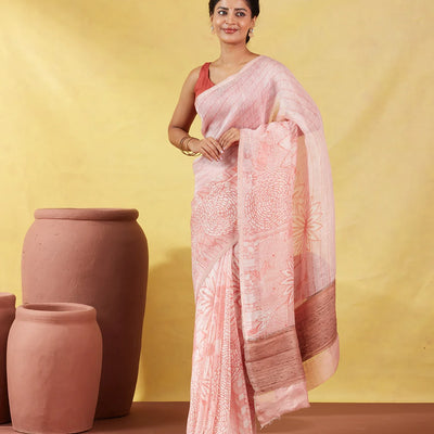 Peach Handwoven Linen Saree Printed With Flower Motifs