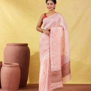 Peach Handwoven Linen Saree Printed With Flower Motifs