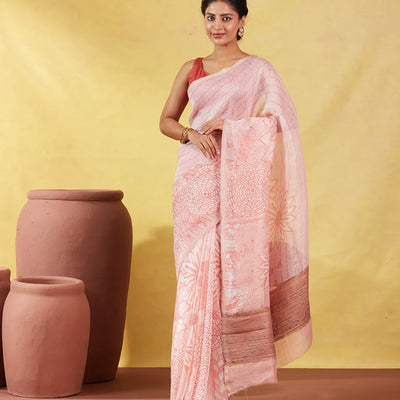 Peach Handwoven Linen Saree Printed With Flower Motifs