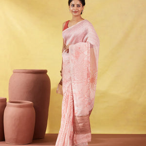 Peach Handwoven Linen Saree Printed With Flower Motifs