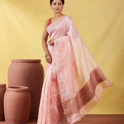 Peach Handwoven Linen Saree Printed With Flower Motifs