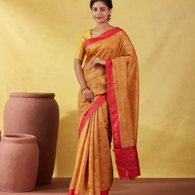 Mustard Handloom Tussar Silk Saree Printed With Diamond Motifs