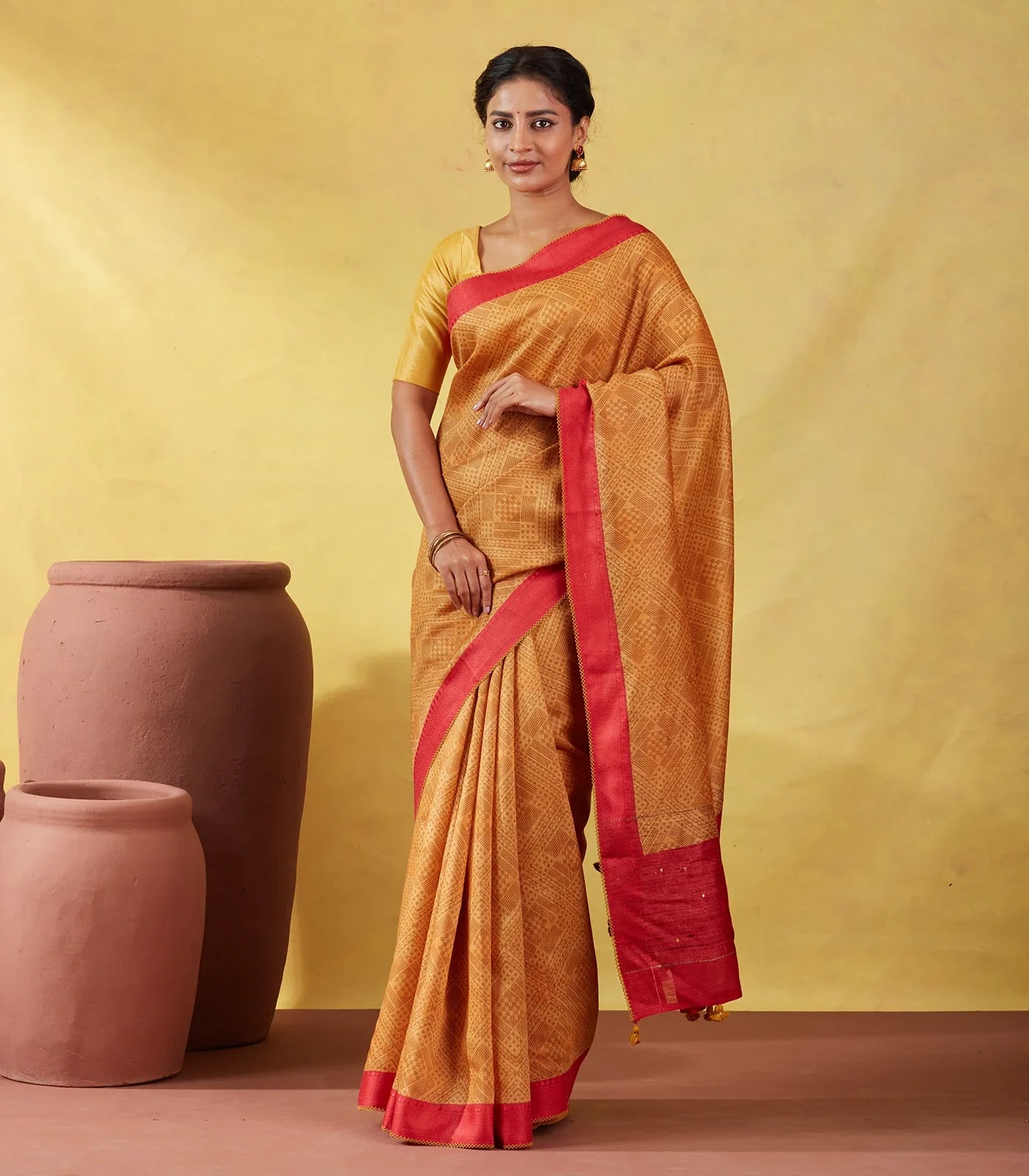 Mustard Handloom Tussar Silk Saree Printed With Diamond Motifs
