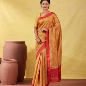 Mustard Handloom Tussar Silk Saree Printed With Diamond Motifs