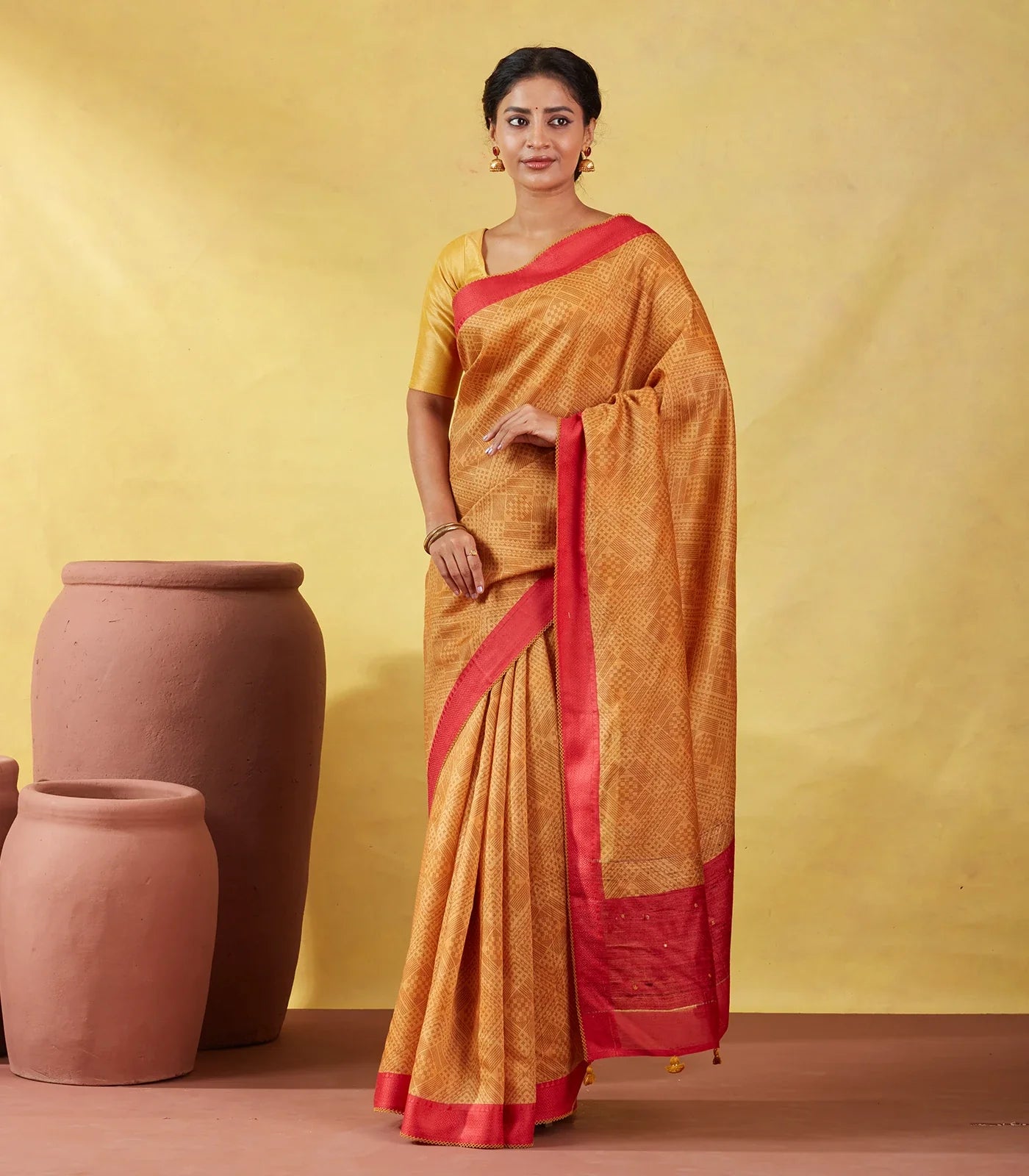 Mustard Handloom Tussar Silk Saree Printed With Diamond Motifs