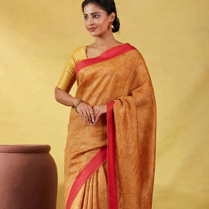 Mustard Handloom Tussar Silk Saree Printed With Diamond Motifs