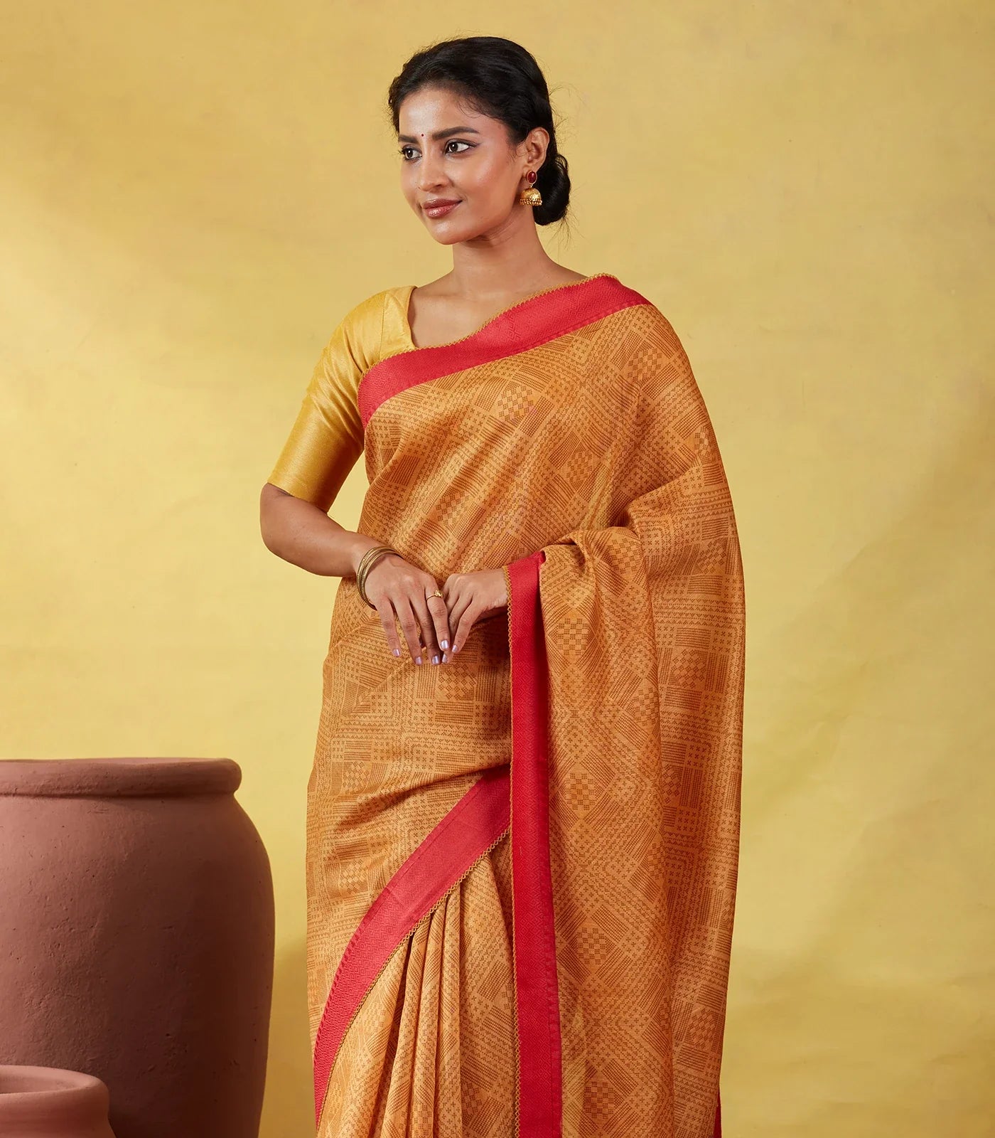 Mustard Handloom Tussar Silk Saree Printed With Diamond Motifs