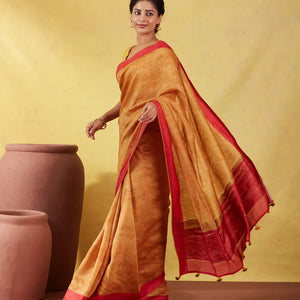 Mustard Handloom Tussar Silk Saree Printed With Diamond Motifs