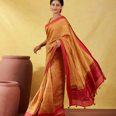 Mustard Handloom Tussar Silk Saree Printed With Diamond Motifs