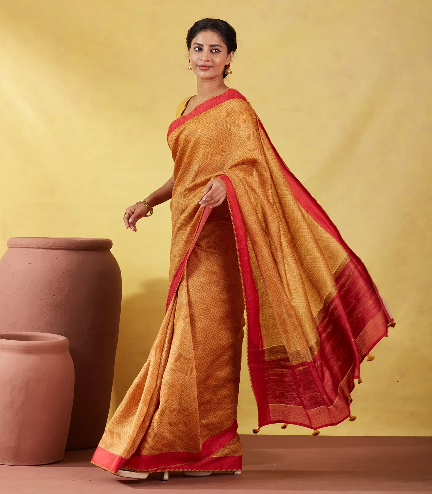 Mustard Handloom Tussar Silk Saree Printed With Diamond Motifs
