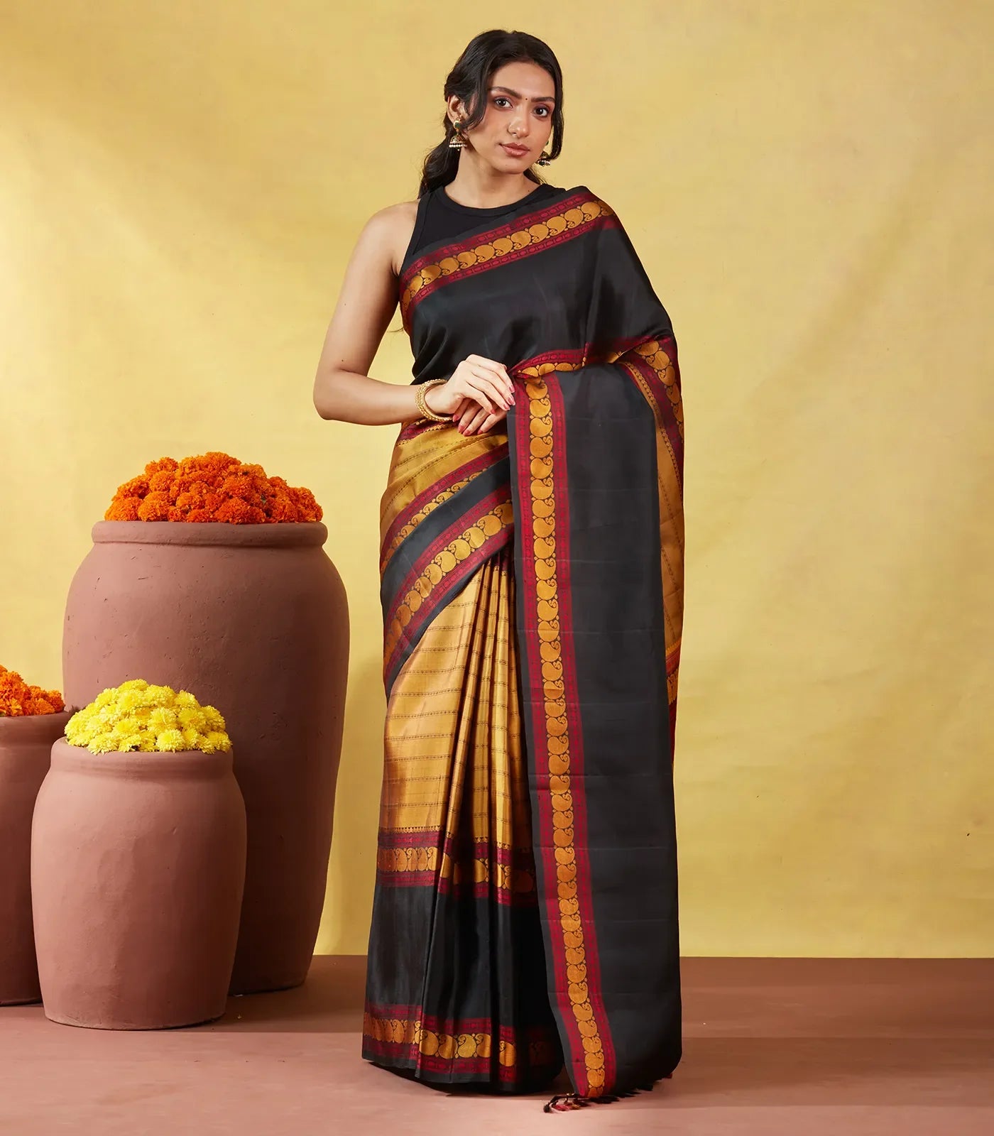 Oil Mustard Kanchipuram Silk Saree With Silk Thread Buttas