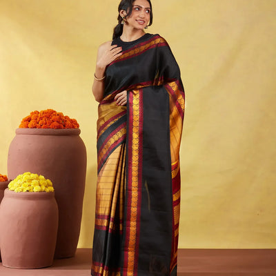 Oil Mustard Kanchipuram Silk Saree With Silk Thread Buttas