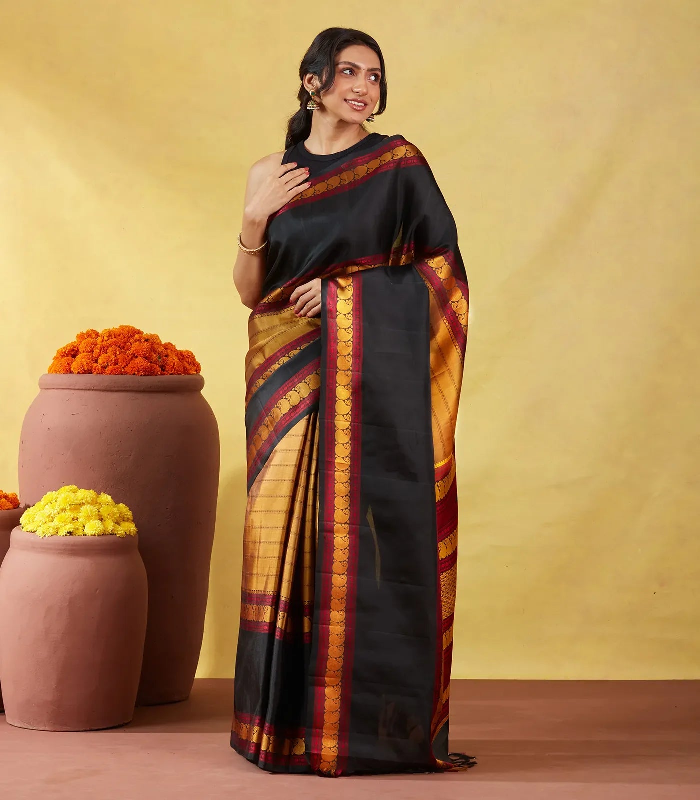 Oil Mustard Kanchipuram Silk Saree With Silk Thread Buttas